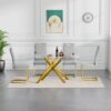 5-Piece Dining Table Set,51 Inch Tempered Glass Dining Table Sets for 4,Modern Rectangular Table and 4 PU Leather Chairs with X-Shaped Gold Metal Legs for Home,Kitchen (Gold Table+4 Silver Chairs)