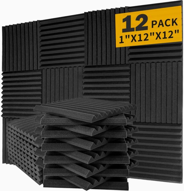 12 Pack Acoustic Foam Panels 1" x 12"x 12" Soundproof Panels Black Sound Insulation for Wall Absorbing Fire Resistant Acoustic Dampening Wedges Home Office