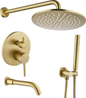 Shower System with Tub Spout, 3 Functions 10" Round Wall Mounted Rain Shower System, High-Pressure Rain Shower Head with 2 Modes Handheld Spray, Brushed Gold Shower Systems