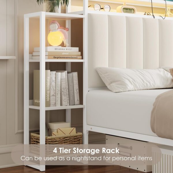 Keyluv Queen Bed Frame with Storage Headboard & 2 Drawers, Upholstered LED Platform Bed with Charging Station & Bedside Storage Rack, Metal Slat Support, No Box Spring Needed, Velvet Fabric, White