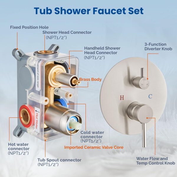 Airuida Round Shower System Set with Tub Spout,Wall Mount 3 Function Rain Shower Faucet Set,2 Functions Handheld Shower Tub Spout Tub Shower Combo Set Fixtures 12 Inches Shower Head Brushed Nickel