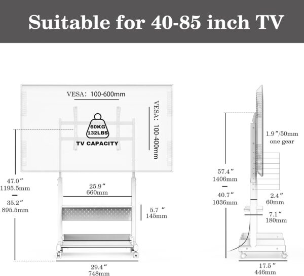 71zPKcHqvQL._AC_SL1500_.jpg FITUEYES Rolling TV Stand Mount for 40 to 85 TVs,Mobile TV Floor Stand on Wheels with Large Storage Pegboard & Wooden Shelf,Heavy Duty TV Cart Hold Up to 132 lbs for Bedroom, Living Room, Office