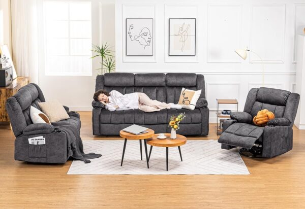COMHOMA Manual Recliner Chair Set，Fabric Reclining Sofa Chair with Cup Holders, Upholstered Recliner with Side Pockets Suitable for Living Room Furniture （3+1+1）