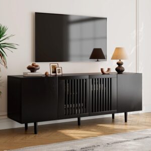 Boho TV Stand for 55-65 Inch TV, 4 Doors, Entertainment Center with Adjustable Shelf, TV Console with 4 Cabinets, Media Console, Solid Wood Feet, Cord Holes for Living Room, Bedroom, Black