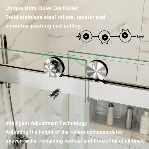 Frameless Shower Door 66-72" W x 76" H Double Sliding 3/8"(10mm) Think Clear Tempered SGCC Glass Stainless Steel HardwareTowel Bar Handle - Brushed Nickel