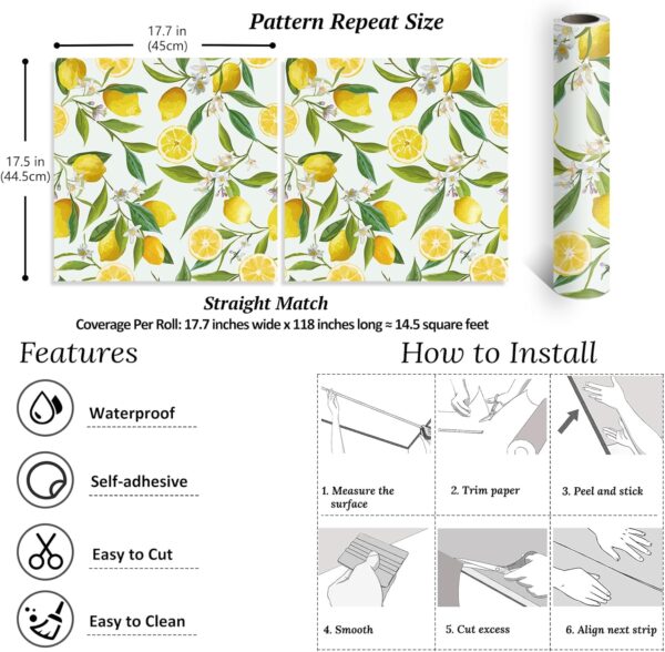 VEELIKE Lemon Peel and Stick Wallpaper Floral 17.7''x118'' Removable Self Adhesive Decorative Fresh Citrus Leaf Prints Floral Wallpaper Vinyl for Nursery Bedroom Kitchen Walls Cabinets Shelf Liners