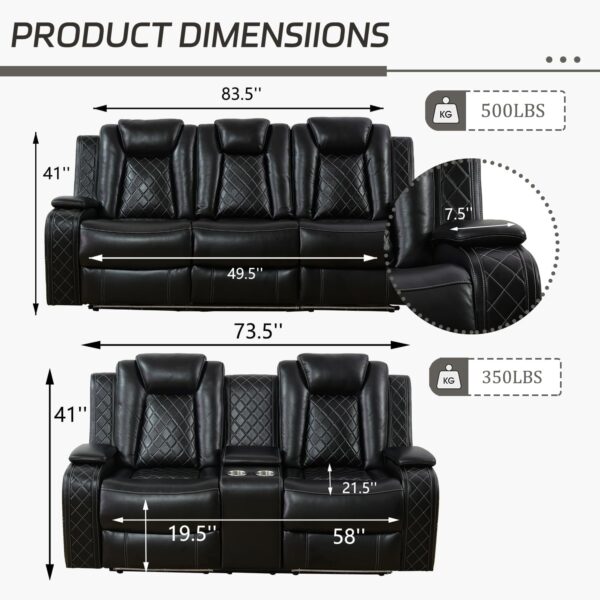 Leather Power Recliner Sofa Set with LED, Living Room Furniture Set, Leather Sofa Set with USB Port Storage Console Cup Holder (Leather Sofa and Loveseat Set, Black)