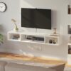 Rolanstar TV Stand with Power Outlet, Floating TV Stand with RGB Lights, 55.1" Wall Mounted TV Shelf, White Media Console with Storage Shelf, Entertainment Shelf Under TV for Living Room, Bedroom