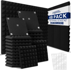 | 48 Pack | High Density Acoustic Foam Wall Panels | Pyramid Shape | Double Sided Adhesive Tape | Sound Absorbing Acoustic Panels | Sound Proof Foam Panels For Walls | 12x12x2inch