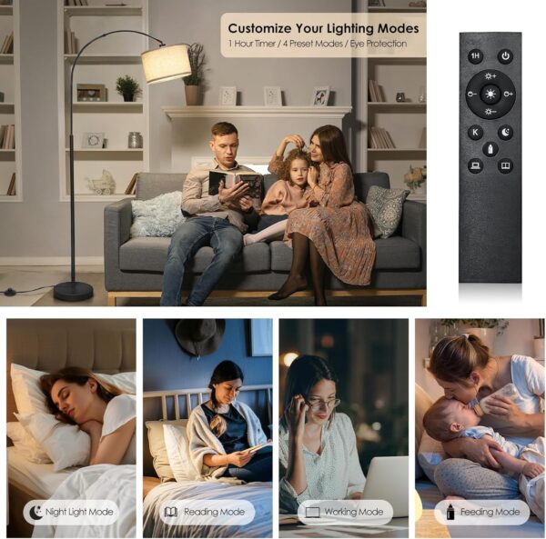 Arc Floor Lamp with Remote, Modern Standing Lamp for Living Room with Stepless Dimmable Bulb, Drum Shade, Foot Switch, Tall Floor Lamp for Farmhouse Bedroom Night Stand (Black)