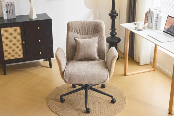 VINGLI Khaki Office Desk Chair with Wheels,with Back&Lumbar Pillow&Padded Arm,Comfy Computer Task Nail Tech Vanity Modern Swivel Sewing Dining Chair for Home,Makeup,Bedroom,Living Room,Chenille