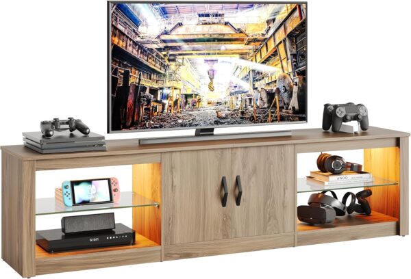 Bestier 70 Inch Gaming Entertainment Center with Adjustable Glass Shelves for 75 inch TV, Large Led TV Stand with Storage Cabinet, Modern Television Stand for Living Room, Bedroom, Pinewood