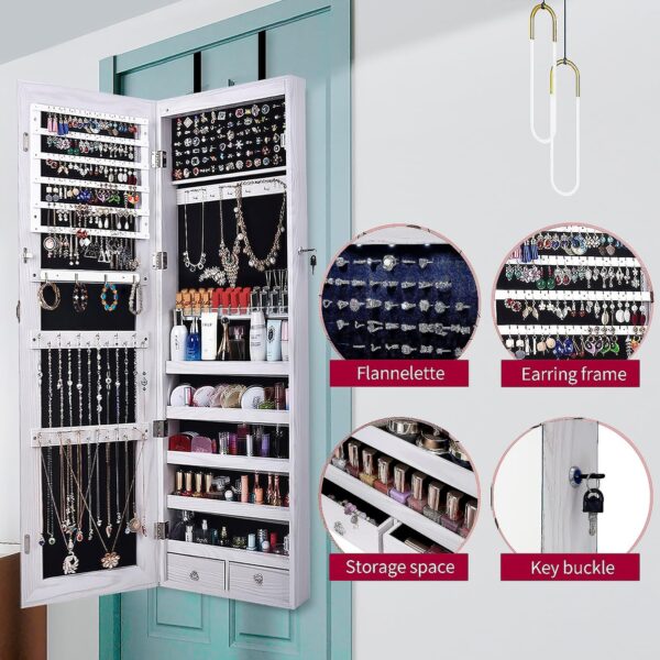 47" H Jewelry Armoire Full Length Mirror Cabinet Storage Organizer w/LED Light Wall-Mounted/Door-Hanging Lockable for Bedroom Makeups White