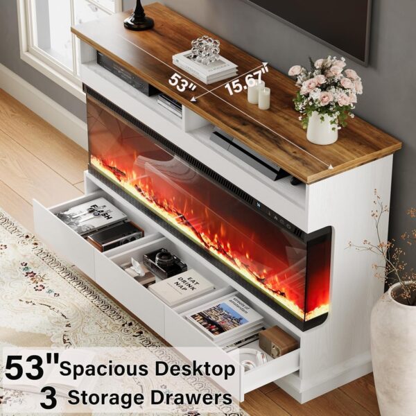 4 EVER WINNER Fireplace TV Stand with 50" Electric Fireplace, Fireplace Entertainment Center with 3-Side Glass Insert, 3 Drawers, TV Stands for Living Room, White
