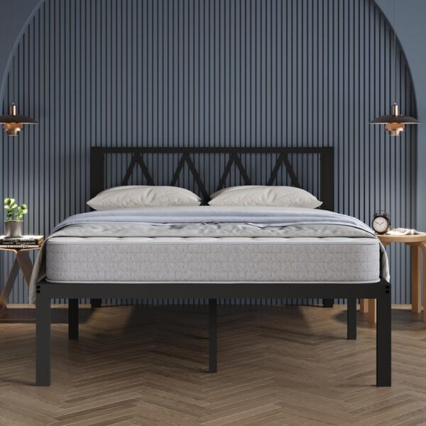 Avenco 14 Inch Queen Bed Frame with Headboard, Metal Platform Bed Frame, Queen Size Bed Frame No Box Spring Needed, Easy Assembly, Heavy Duty Slats Support, Black