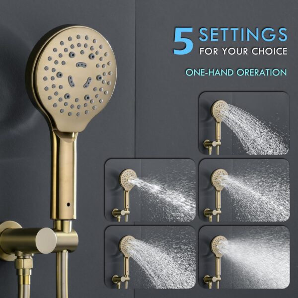 Brushed Gold Shower Faucet Set, Wall Mount Rain Shower System 10 Inches, and Handheld Shower Head Combination, Included Rough-in Valve and Trim Kit