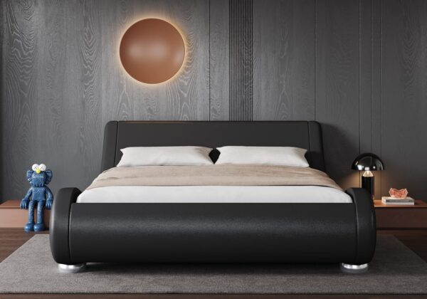 Allewie Queen Size Bed Frame with Ergonomic & Adjustable Headboard, Low Profile Modern Upholstered Platform Sleigh Design - Easy Assembly, No Box Spring Required, Black