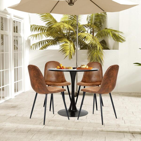 Dining Table Set for 4, Round Kitchen Table with Pedestal Base and 4 Suede Fabric Chairs, 5 Piece Kitchen Table Sets for 2-4 People, Dining Room Table and Chairs, Black Table, Brown Chairs