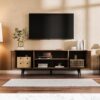 59" Modern TV Stand with Storage Cabinet, Wood Fashionable TV Cabinet with Waveform Panel and Adjustable Shelf, Entertainment Center TV Stand for 69'' TV, Living Room Furniture, Dark Walnut