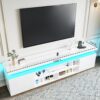 72" Modern TV Stand with LED Lights and Power Outlet for TVs Up to 80 inch, High Gloss Finish Entertainment Center, TV Console Cabinet with Storage for Living Room, White