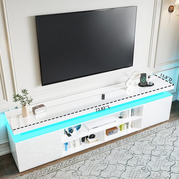 72" Modern TV Stand with LED Lights and Power Outlet for TVs Up to 80 inch, High Gloss Finish Entertainment Center, TV Console Cabinet with Storage for Living Room, White