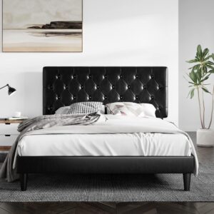 SHA CERLIN Queen Size Platform Bed Frame with Button Tufted Headboard, Faux Leather Upholstered Mattress Foundation, Wooden Slat Support, No Box Spring Needed, Black