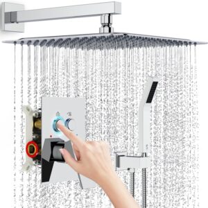 SR SUN RISE Shower System with Push Button Diverter, Wall Mounted Luxury 12 Inch Rain Shower Head with Handheld Spray, High Pressure Shower Faucet Combo Set with Rough-in Valve, Polished Chrome