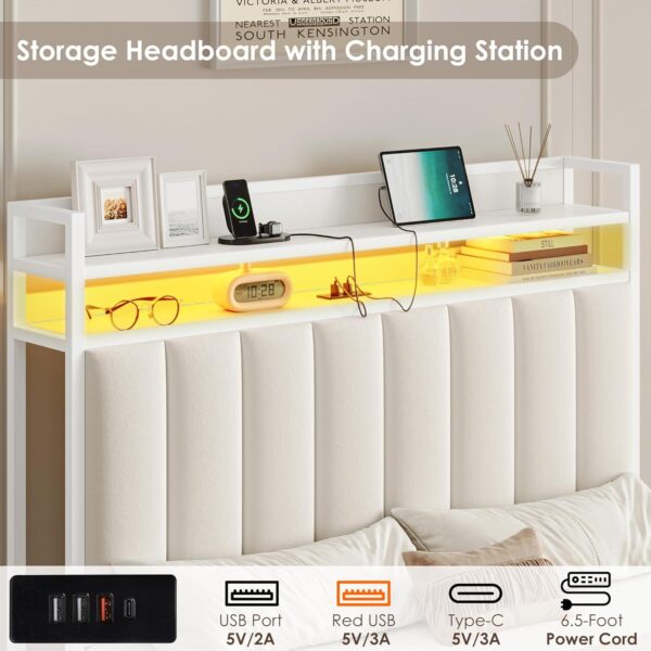 Keyluv Queen Bed Frame with Storage Headboard & 2 Drawers, Upholstered LED Platform Bed with Charging Station & Bedside Storage Rack, Metal Slat Support, No Box Spring Needed, Velvet Fabric, White