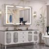 Keonjinn 48 x 32 Inch Lighted Medicine Cabinet for Bathroom with Outlets, Anti-Fog Lighted Medicine Cabinet with Mirror 3 Colors Dimmable, Tempered Glass 2-Side Front Lit Bathroom Mirror with Storage