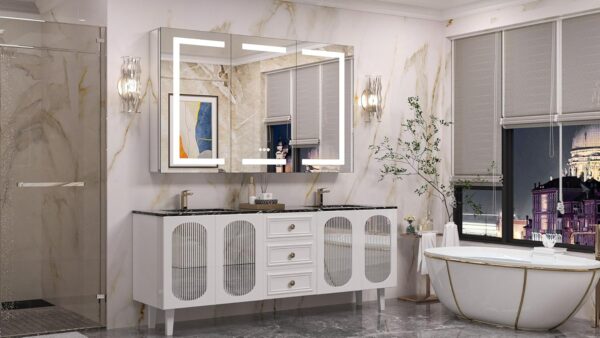 Keonjinn 48 x 32 Inch Lighted Medicine Cabinet for Bathroom with Outlets, Anti-Fog Lighted Medicine Cabinet with Mirror 3 Colors Dimmable, Tempered Glass 2-Side Front Lit Bathroom Mirror with Storage