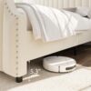 Queen Size Platform Bed Frame with 50.2" Headboard, Velvet Upholstered Bed Frame Queen with Vertical Channel Tufted Headboard & Footboard, Nailhead Trim, No Box Spring Needed, Cream