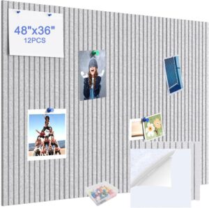 12Pack Felt Wall Tile, Large Cork Pin Board 48" x 36", Felt Bulletin Board Tiles Alternative, Adhesive Slat Sound Proof Acoustic Panels for Walls Office Decor (Marble White)