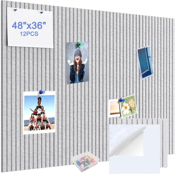 12Pack Felt Wall Tile, Large Cork Pin Board 48" x 36", Felt Bulletin Board Tiles Alternative, Adhesive Slat Sound Proof Acoustic Panels for Walls Office Decor (Marble White)