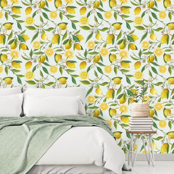 VEELIKE Lemon Peel and Stick Wallpaper Floral 17.7''x118'' Removable Self Adhesive Decorative Fresh Citrus Leaf Prints Floral Wallpaper Vinyl for Nursery Bedroom Kitchen Walls Cabinets Shelf Liners