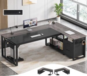 71 in Executive Desk with Power Outlets, Reversible L Shaped Computer Desk with File Drawers & Storage Shelves, Large Office Desk with Pegboard, Mobile CPU Stand, Modern Corner Desk (Grey)
