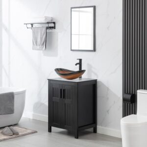 eclife 24" Bathroom Vanity Sink Combo Modern Freestanding Cabinet W/Straight Lines Brown Boat Tempered Glass Vessel Sink & ORB Water Save Faucet & Solid Brass Pop Up Drain (A29BR B50)