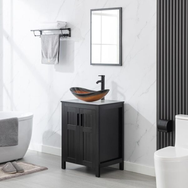 eclife 24" Bathroom Vanity Sink Combo Modern Freestanding Cabinet W/Straight Lines Brown Boat Tempered Glass Vessel Sink & ORB Water Save Faucet & Solid Brass Pop Up Drain (A29BR B50)