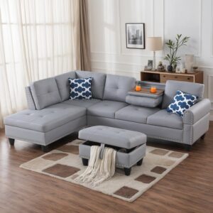 3 Piece Modular Sectional Sofa with Right Chaise, L-Shaped Nailhead Decor Faux Leather Upholstered 5 Seater Corner Sofa&Couch with Cupholders and Storage Ottoman for Home/Apartment/Office Living Room