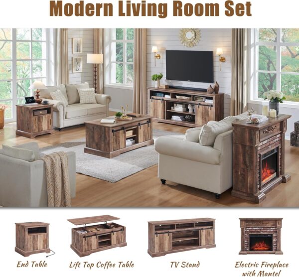 43" Electric Fireplace with Mantel, Electric Fireplace Heater, TV Stand w/Freestanding Electric Fireplaces, Stacked Stone Surround, Remote Control, Adjustable Flame Level for Living Room (Light Brown)