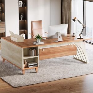 Tribesigns L-Shaped Executive Office Desk, 78.74" Large Computer Desk with Drawer and Lateral File Cabinet, Home Business Workstation Set with Storage Shelves, Walnut & Oak