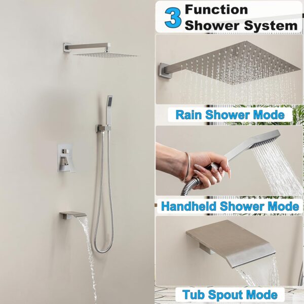 12 Inch Shower Faucet Set with Tub Spout Bathroom Shower System with 12 Inch Rain Shower head and Handheld Shower Head Set, Brushed Nickel