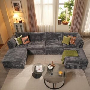 Modular Sectional Sofa Cloud Couch - U Shaped Comfy Oversized Sectional Couches for Living Room,Deep Seat Convertible Sleeper Sofa Bed with Ottoman Chaise for Apartment Office,Plush Corduroy,Grey