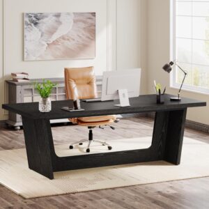 Tribesigns 70.87-Inch Executive Computer Desk: Large Home Office Desk with Solid Wooden Pedestal, Industrial Wood Study Writing Table, Workstation Business Furniture, Black