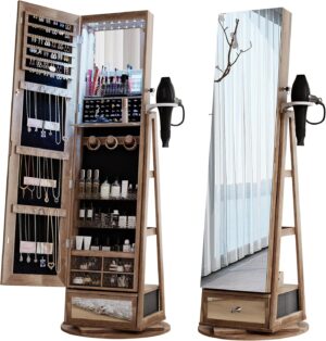 HWB Full Length Mirror with Storage standing 360° Rotatable Jewelry Cabinet with LED Lights Brown Jewelry Armoire Organizer