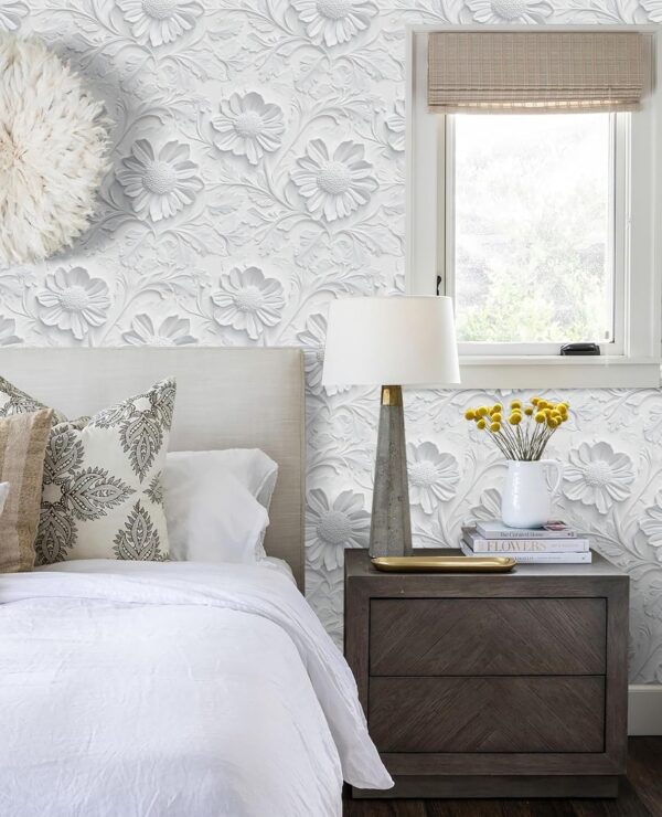 White Floral Peel and Stick Wallpaper Modern Floral 3D Embossed Wallpaper Self Adhesive Removable Contact Paper Waterproof Wallpaper for Bathroom Bedroom Cabinets Decor 17inch×196.8inch Vinyl