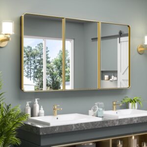 Keonjinn 60 x 32 Inch Large Brushed Brass Medicine Cabinets, Recessed Bathroom Medicine Cabinet, Dim Gold Stainless Steel Framed, Sturdy & Heavy, Adjustable Shelves, DTC Hinges, Soft Closing, Modern