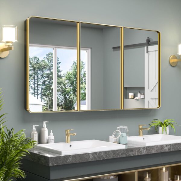 Keonjinn 60 x 32 Inch Large Brushed Brass Medicine Cabinets, Recessed Bathroom Medicine Cabinet, Dim Gold Stainless Steel Framed, Sturdy & Heavy, Adjustable Shelves, DTC Hinges, Soft Closing, Modern
