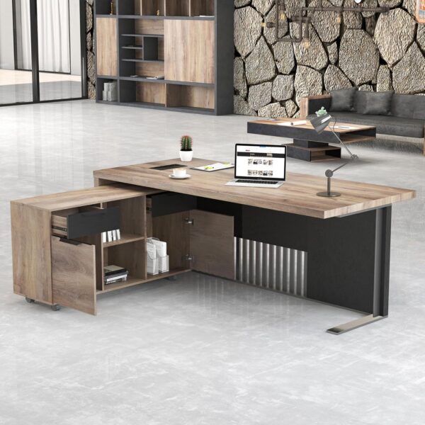 63 Inch L Shaped Executive Office Desk with 2 Drawers, Modern Home Office Desk with File Cabinet, Business Furniture w/Stand Under Desk Storage Organizer with 4 Wheels