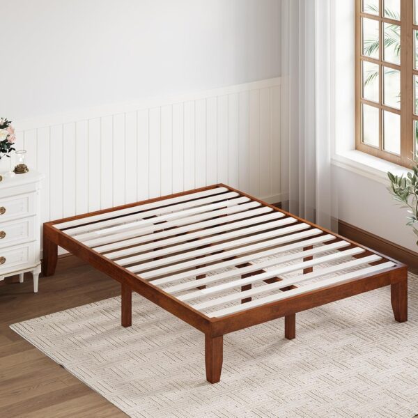 Giantex 14 Inch Queen Wood Platform Bed Frame, Minimalist Style Mattress Foundation with Solid Rubber Wood, Heavy Duty Wood Slat Support, Without Headboard, Easy Assembly, No Box Spring Needed, Walnut