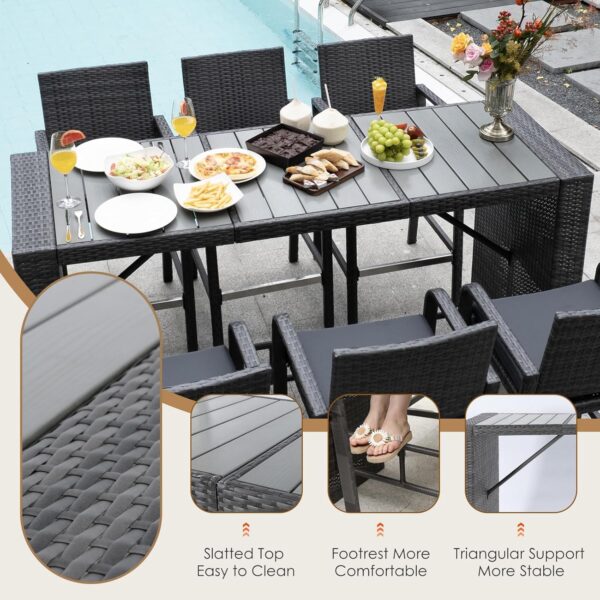 NICESOUL 5 Pieces Patio Dining Set, Outdoor Rattan Patio Bar Set, Long Rectangular Counter Height Table with Cushioned Chairs, Modern Luxury Wicker Table and Seating Set for Garden Poolside, Gray